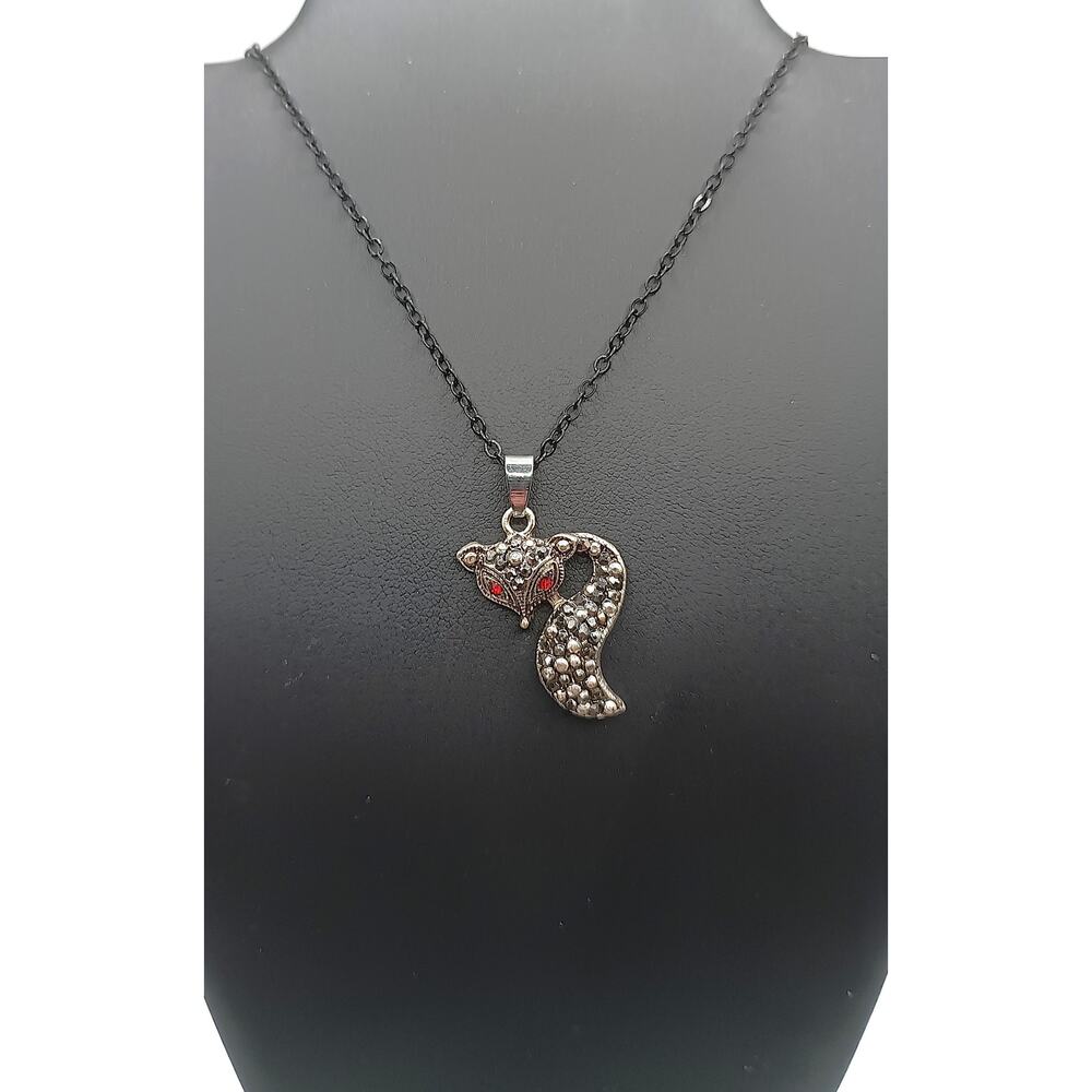 Handmade Black Fox Necklace Crystal Pendant 24" Chain